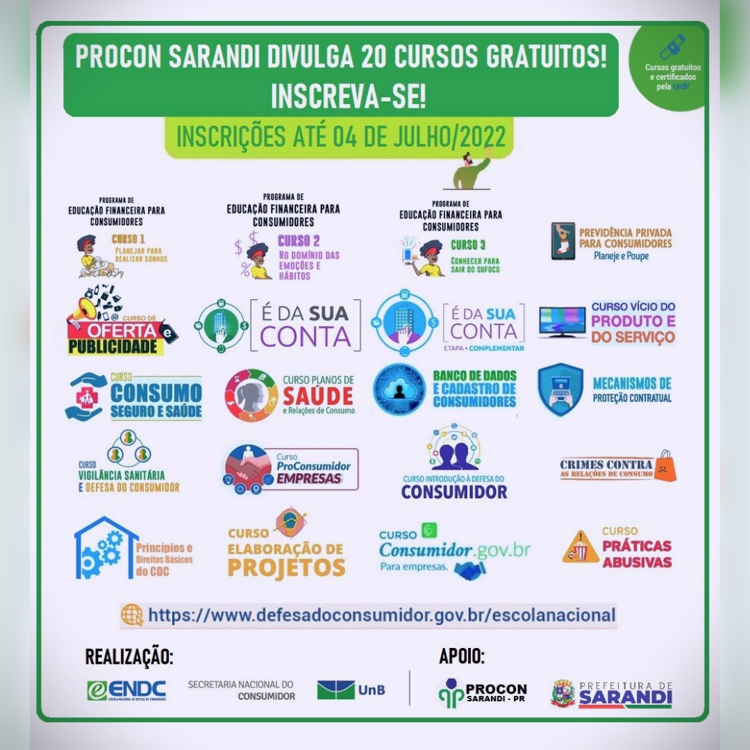 PROCON Sarandi divulga 20 cursos gratuitos sobre direitos do consumidor e educação financeira